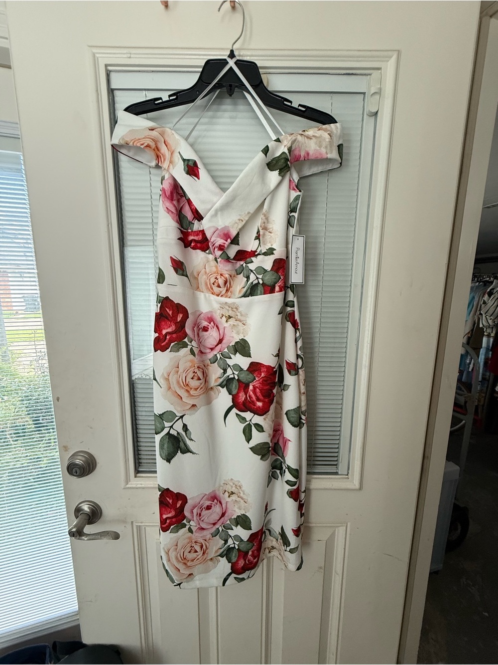 Floral Off-Shoulder Midi Dress in White with Pink & Red Roses